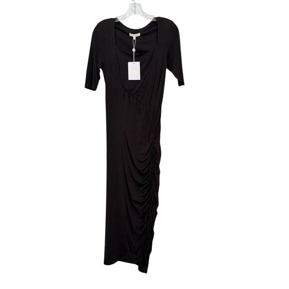 Wayf Black Stretch Satin Ruched Midi Bodycon Dress NWT - Picture 4 of 7